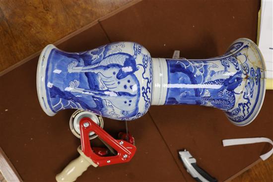 A Chinese blue and white yen-yen vase, Kangxi period, H. 45cm, neck broken and messily re-stuck